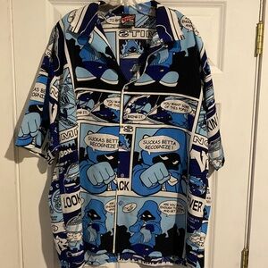 Comic shirt button cartoon short sleeve “suckas betta recognize” Blue black whit